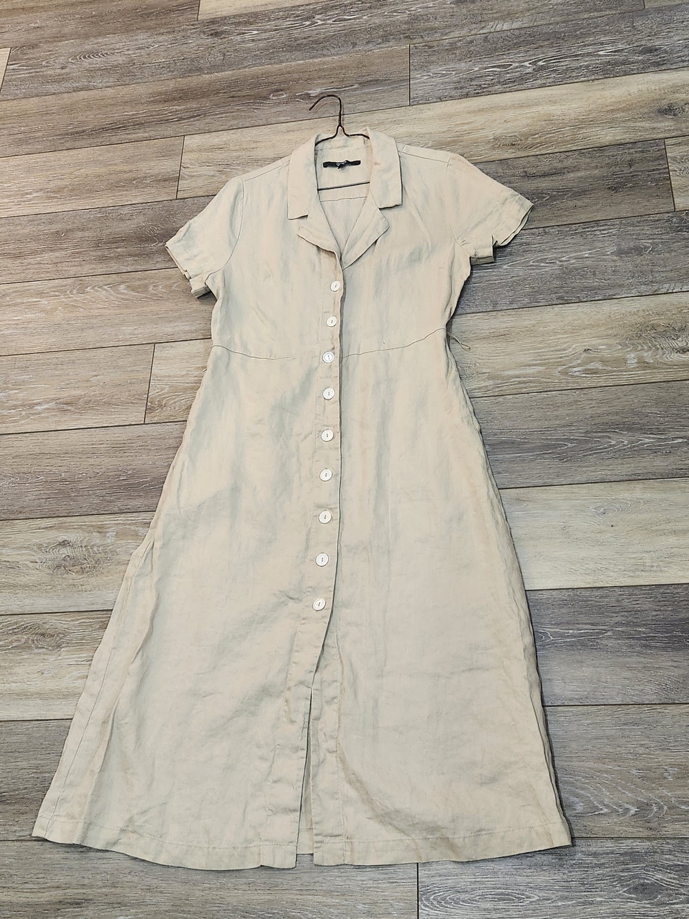 Cream Button-Front Short Sleeve Linen Dress